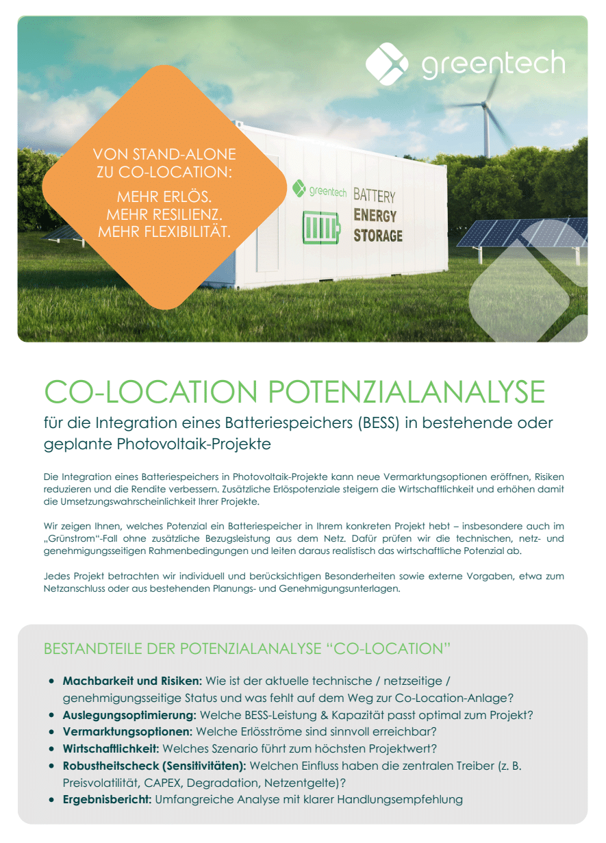 Übersicht der greentech Leistungen für PV und BESS, gegliedert nach den Projektphasen Entwicklung, Planung & Bau und Betrieb.