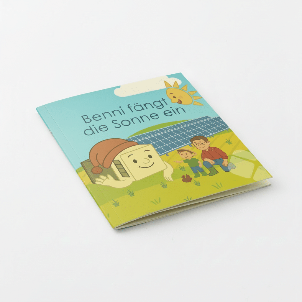 Titelbild des Kinderbuchs von Greentech mit dem Titel: "Benni fängt die Sonne ein". Grüne Wiese mit Solaranlagen unter einer lachenden Sonne.